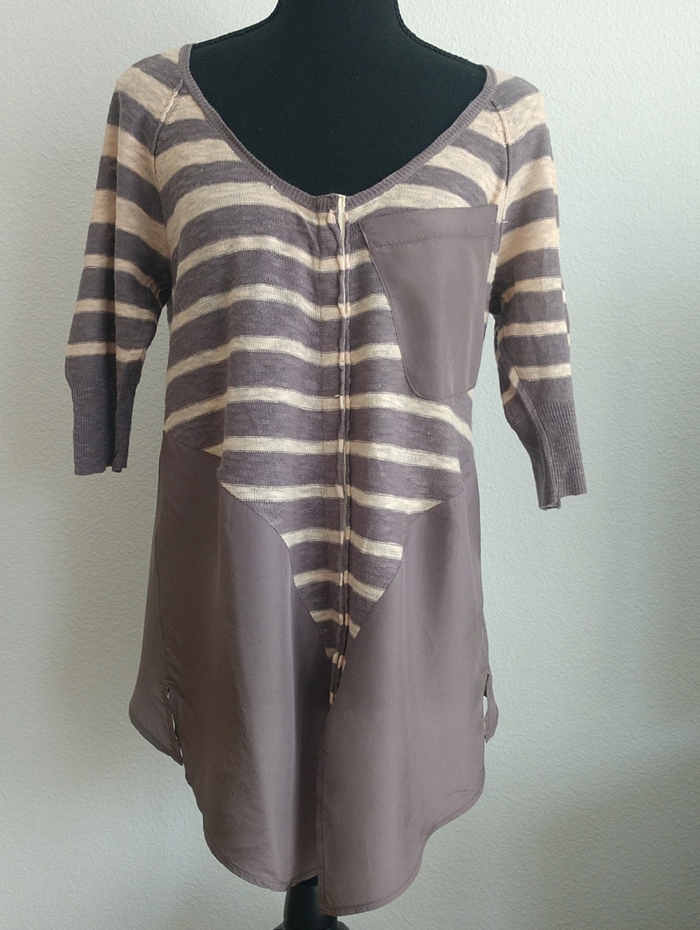 Free People Taupe & Cream Striped Mixed-Media V-Neck Tunic